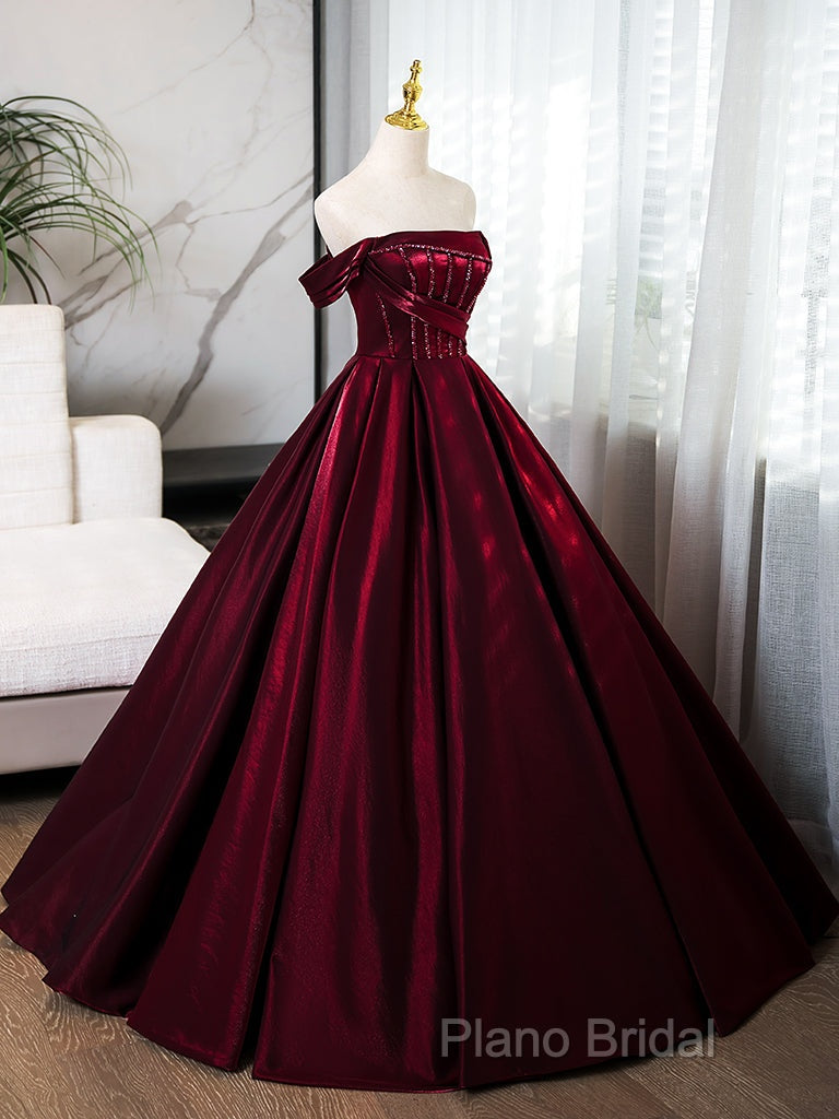 A-Line Off Shoulder Satin Burgundy Long Formal Prom Dresses, Burgundy Formal Dresses With Beads