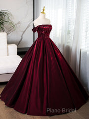 A-Line Off Shoulder Satin Burgundy Long Formal Prom Dresses, Burgundy Formal Dresses With Beads