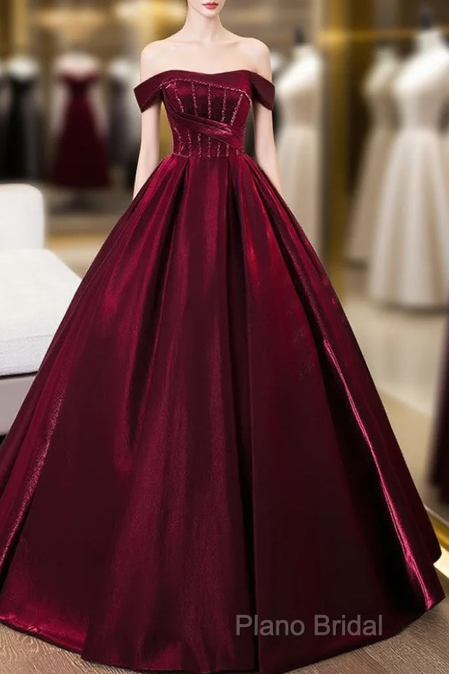 A-Line Off Shoulder Satin Burgundy Long Formal Prom Dresses, Burgundy Formal Dresses With Beads Main image