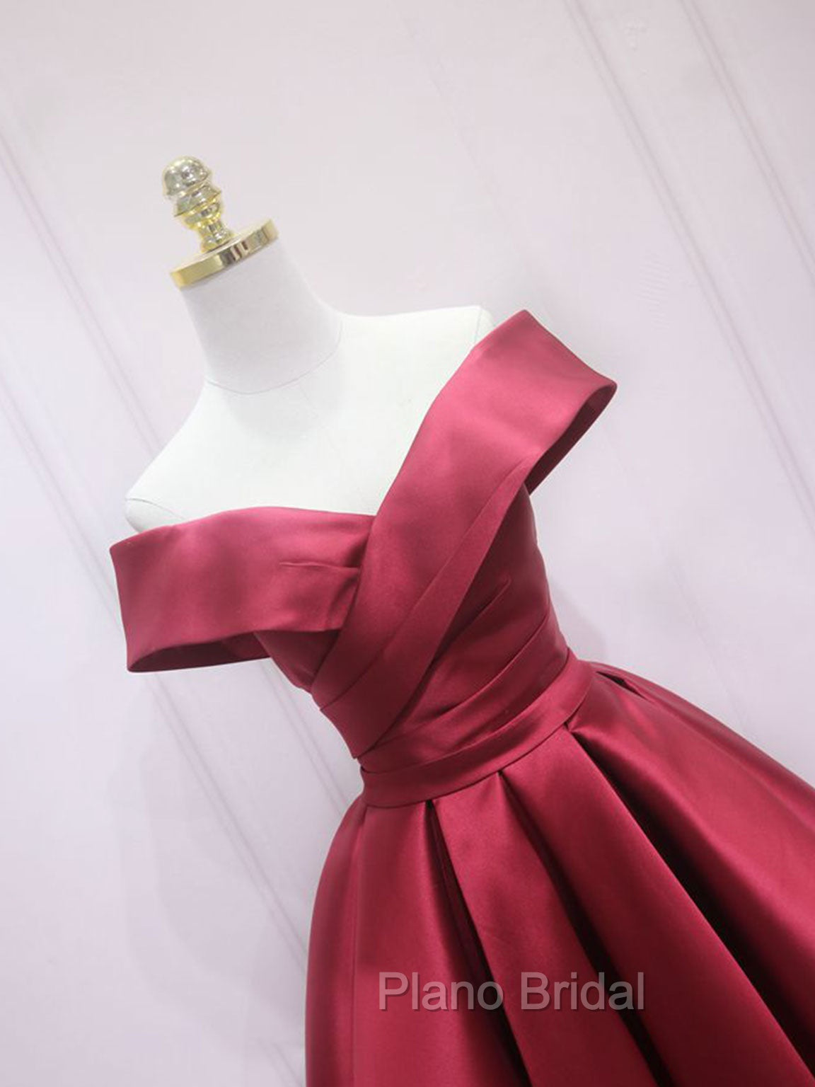 A-Line Off Shoulder Satin Burgundy Short Formal Prom Dresses, Burgundy Homecoming Dresses Secondary image