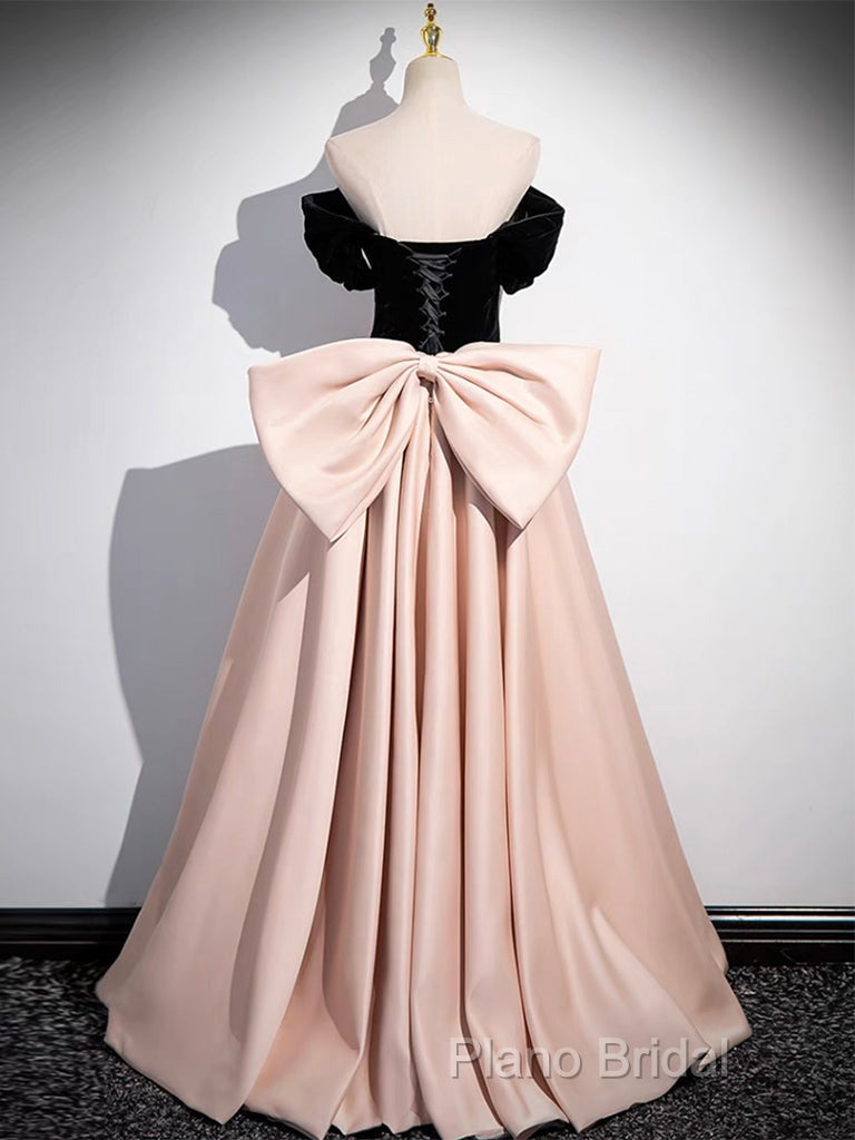 A-Line Off Shoulder Satin Champagne Long Formal Prom Dresses, Champagne Long Formal Dresses