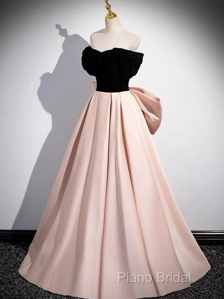 A-Line Off Shoulder Satin Champagne Long Formal Prom Dresses, Champagne Long Formal Dresses