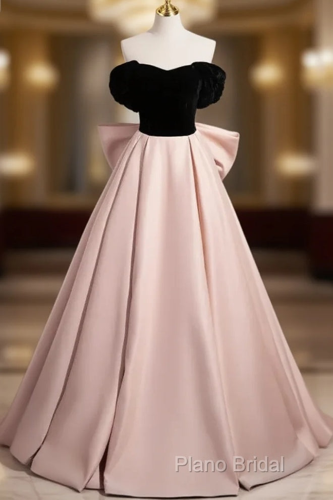 A-Line Off Shoulder Satin Champagne Long Formal Prom Dresses, Champagne Long Formal Dresses Main image