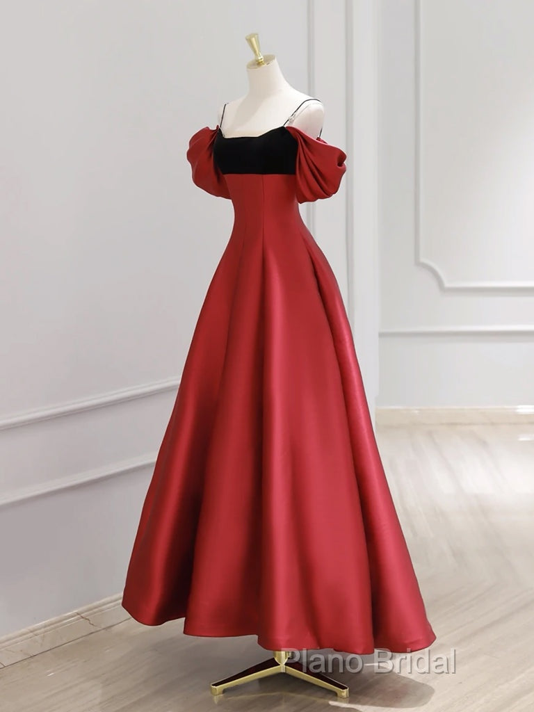 A-Line Off Shoulder Satin Dark Red Long Formal Prom Dresses, Red Long Formal Dresses