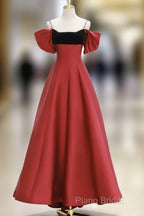 A-Line Off Shoulder Satin Dark Red Long Formal Prom Dresses, Red Long Formal Dresses