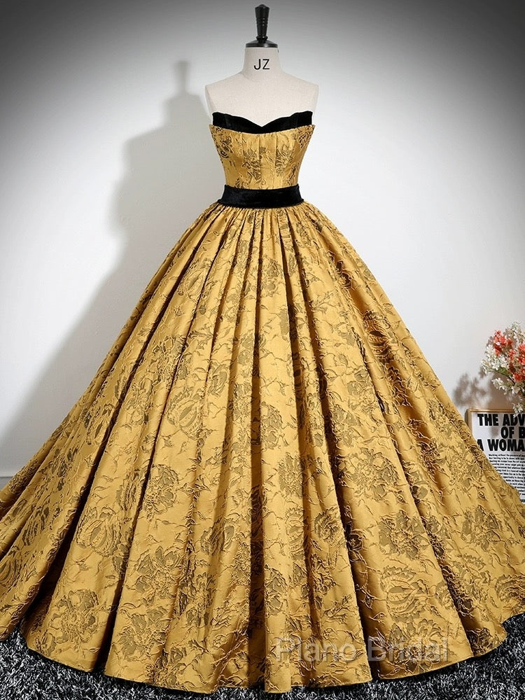 A-Line Off Shoulder Satin Gold Long Formal Prom Dresses, Gold Long Formal Dresses
