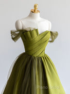 A-Line Off Shoulder Satin Green Long Formal Prom Dresses, Green Formal Dresses