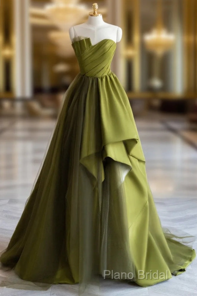 A-Line Off Shoulder Satin Green Long Formal Prom Dresses, Green Formal Dresses Main image