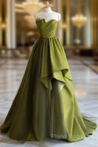A-Line Off Shoulder Satin Green Long Formal Prom Dresses, Green Formal Dresses
