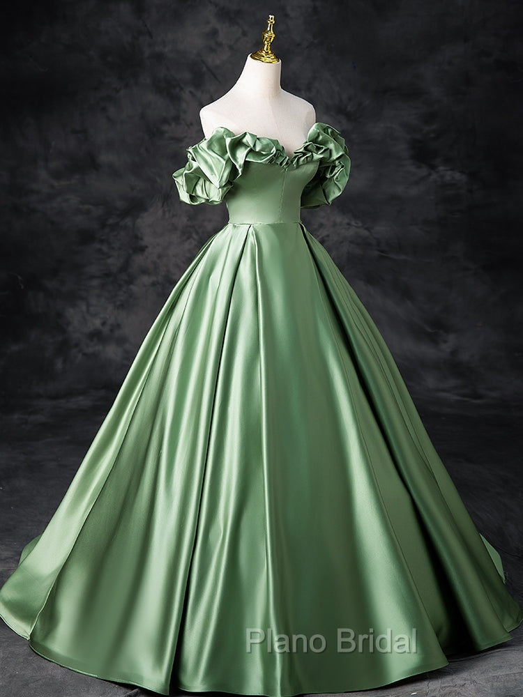 A-Line Off Shoulder Satin Green Long Formal Prom Dresses, Green Long Formal Dresses