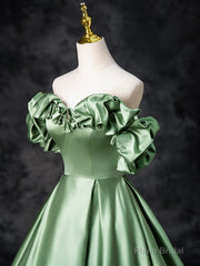 A-Line Off Shoulder Satin Green Long Prom Dress, Green Long Formal Dress
