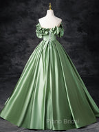 A-Line Off Shoulder Satin Green Long Formal Prom Dresses, Green Long Formal Dresses