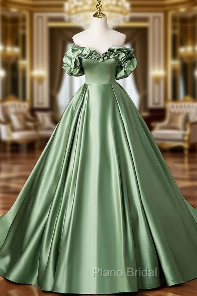 A-Line Off Shoulder Satin Green Long Formal Prom Dresses, Green Long Formal Dresses Main image