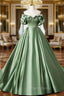 A-Line Off Shoulder Satin Green Long Formal Prom Dresses, Green Long Formal Dresses