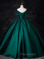 A-Line Off Shoulder Satin Green Long Formal Prom Dresses, Green Long Formal Dresses