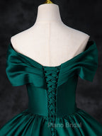 A-Line Off Shoulder Satin Green Long Formal Prom Dresses, Green Long Formal Dresses