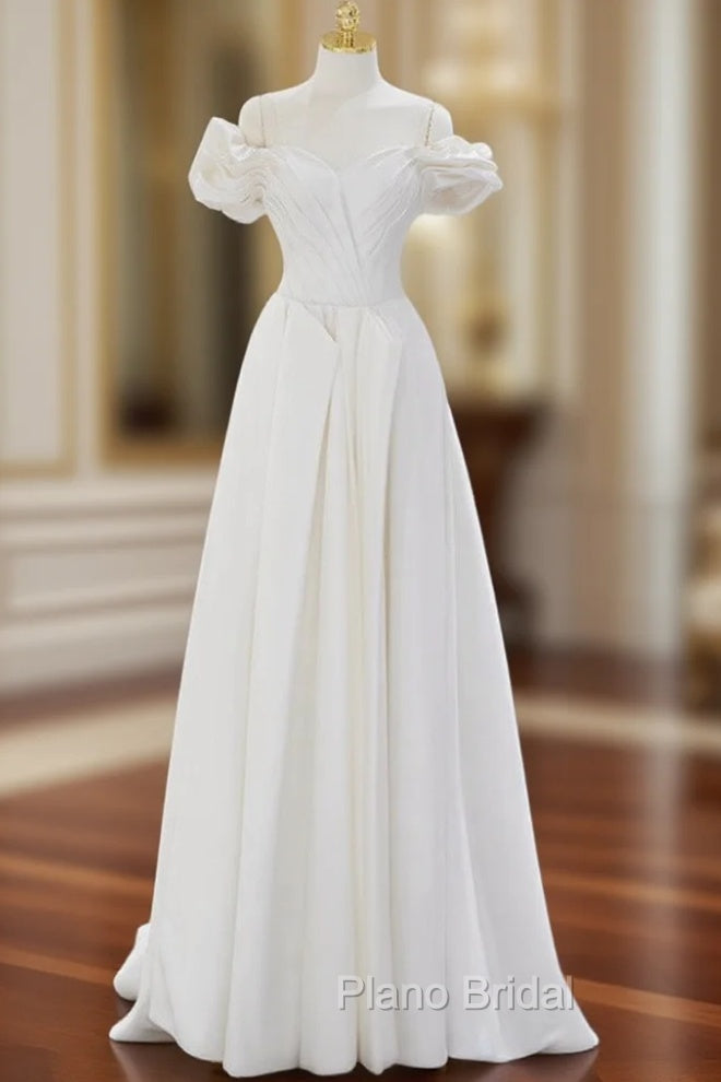 A-Line Off Shoulder Satin ivory Long Formal Prom Dresses, Ivory  Long Bridesmaid Dresses Main image