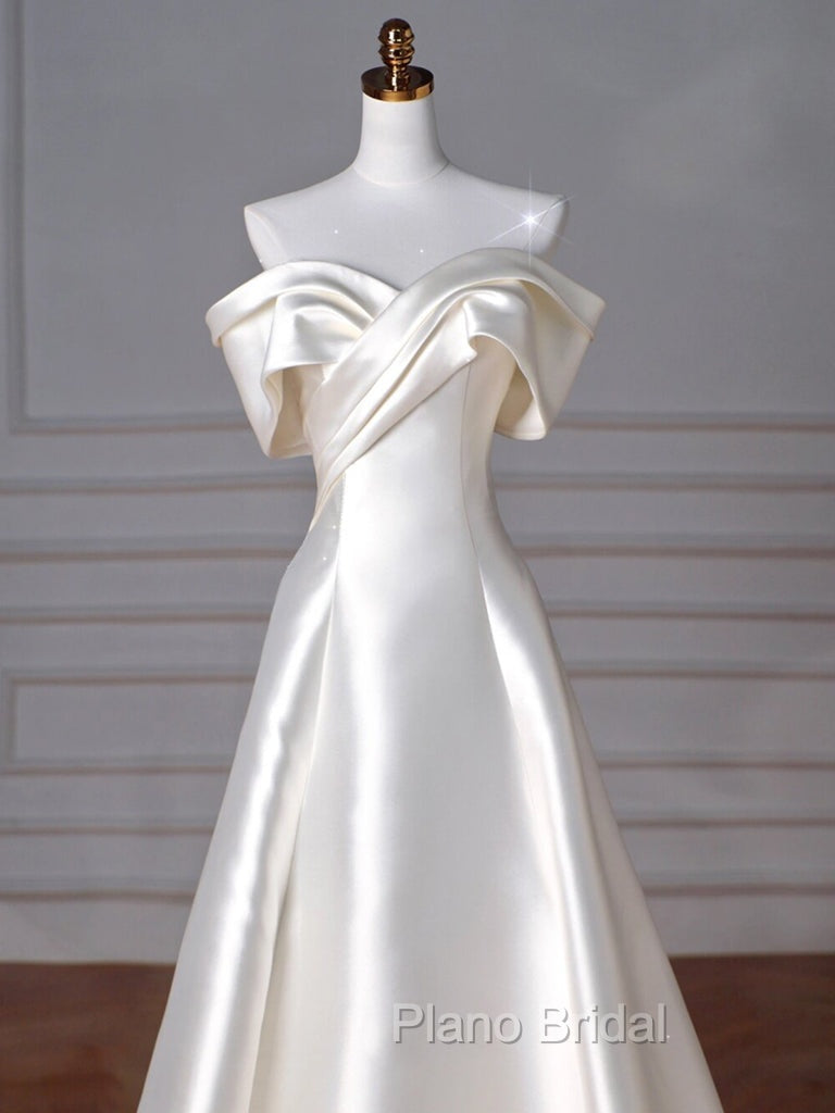 A-Line Off Shoulder Satin ivory Long Formal Prom Dresses, Satin Long Formal Dresses