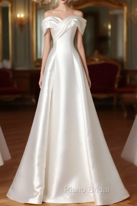A-Line Off Shoulder Satin ivory Long Formal Prom Dresses, Satin Long Formal Dresses Main image
