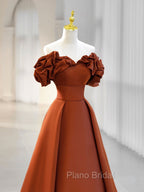 A-Line Off Shoulder Satin Orange Long Formal Prom Dresses, Orange Formal Evening Dresses