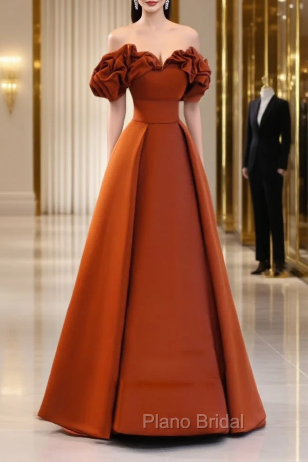 A-Line Off Shoulder Satin Orange Long Formal Prom Dresses, Orange Formal Evening Dresses Main image