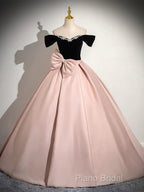 A-Line Off Shoulder Satin Pink Long Formal Prom Dresses, Pink Long Formal Dresses
