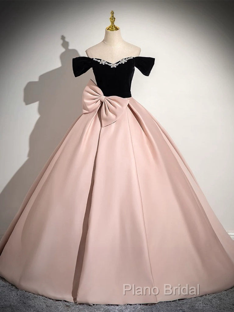 A-Line Off Shoulder Satin Pink Long Formal Prom Dresses, Pink Long Formal Dresses