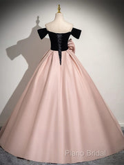 A-Line Off Shoulder Satin Pink Long Formal Prom Dresses, Pink Long Formal Dresses