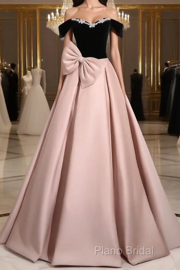 A-Line Off Shoulder Satin Pink Long Formal Prom Dresses, Pink Long Formal Dresses Main image