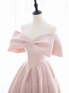 A-Line Off Shoulder Satin Pink Short Formal Prom Dresses, Pink Homecoming Dresses