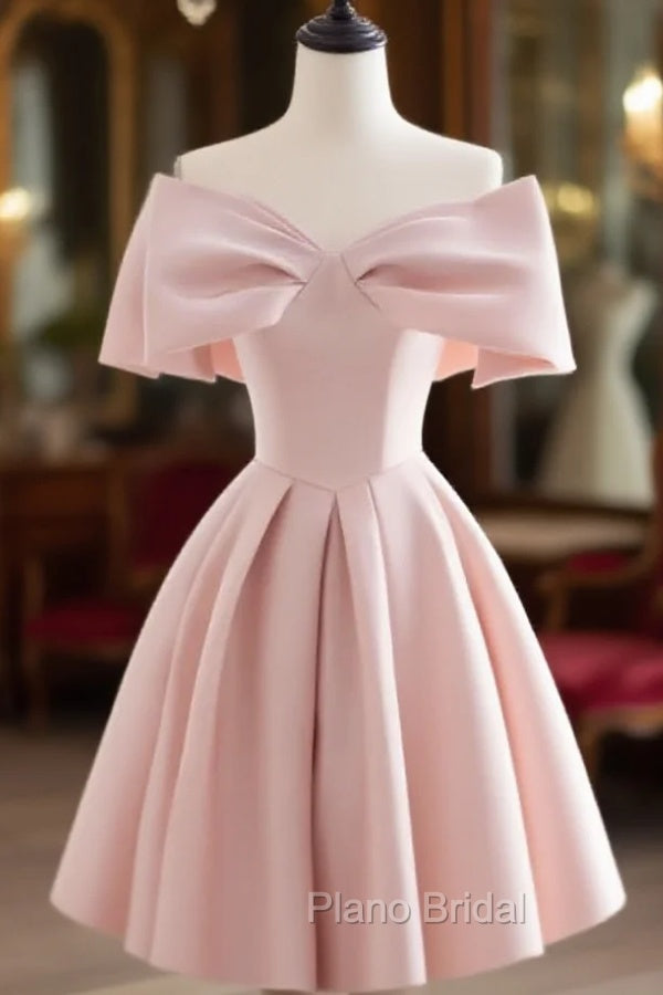 A-Line Off Shoulder Satin Pink Short Formal Prom Dresses, Pink Homecoming Dresses Main image