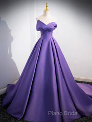 A-Line Off Shoulder Satin Purple Long Formal Prom Dresses, Purple Long Formal Dresses