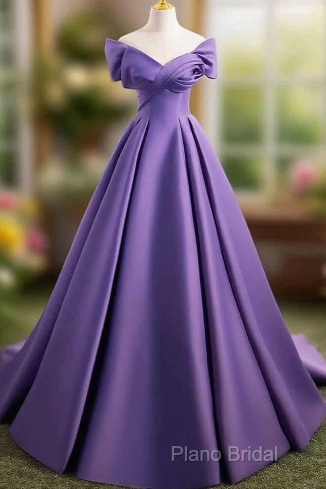 A-Line Off Shoulder Satin Purple Long Formal Prom Dresses, Purple Long Formal Dresses Main image