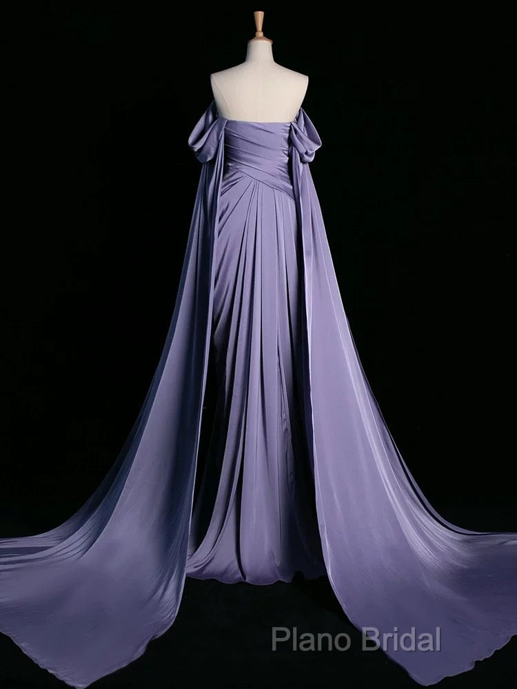 A-Line Off Shoulder Satin Purple Long Formal Prom Dresses, Purple Long Formal Dresses Secondary image