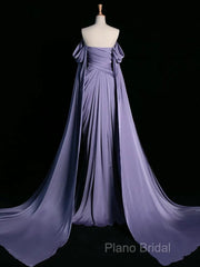 A-Line Off Shoulder Satin Purple Long Formal Prom Dresses, Purple Long Formal Dresses