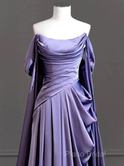 A-Line Off Shoulder Satin Purple Long Formal Prom Dresses, Purple Long Formal Dresses