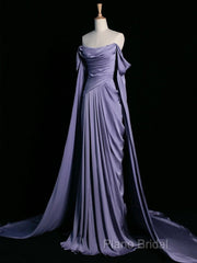 A-Line Off Shoulder Satin Purple Long Formal Prom Dresses, Purple Long Formal Dresses