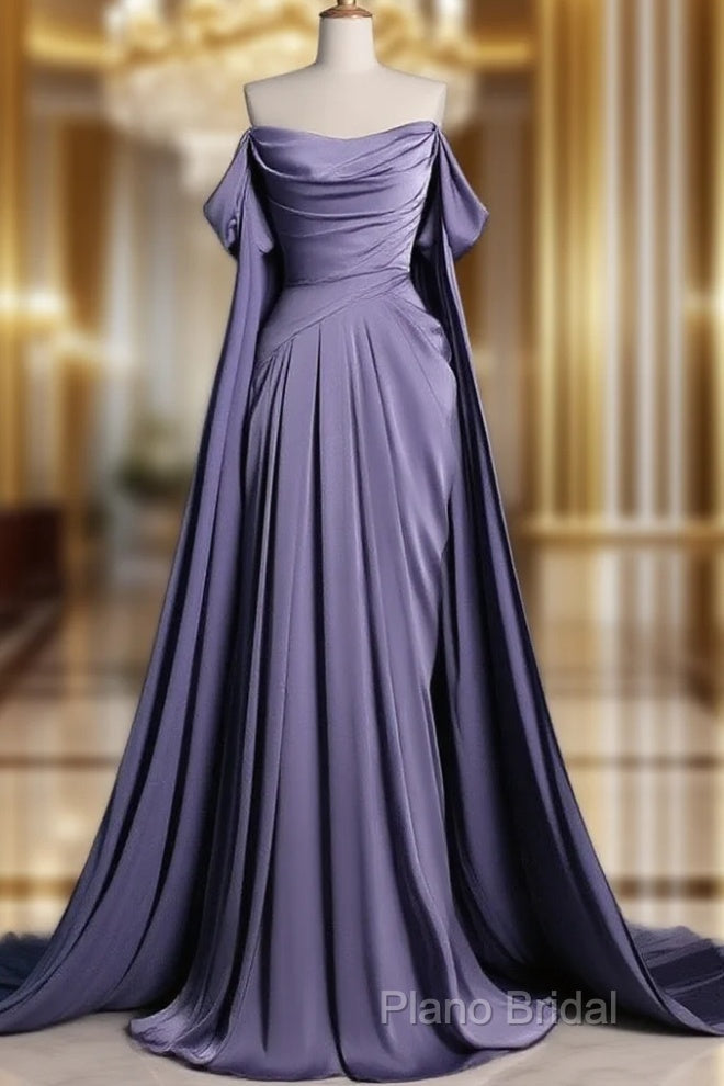 A-Line Off Shoulder Satin Purple Long Formal Prom Dresses, Purple Long Formal Dresses Main image