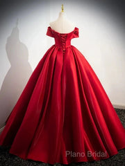 A-Line Off Shoulder Satin Red Ballgown Long Formal Prom Dresses Formal Dresses Floor Length