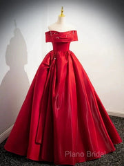 A-Line Off Shoulder Satin Red Ballgown Long Formal Prom Dresses Formal Dresses Floor Length