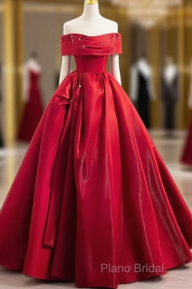 A-Line Off Shoulder Satin Red Ballgown Long Formal Prom Dresses Formal Dresses Floor Length Main image