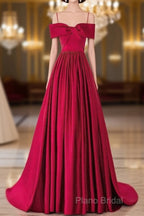A-Line Off Shoulder Satin Red Long Formal Prom Dresses, Red Formal Dresses