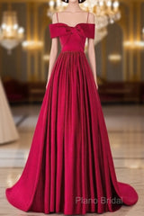 A-Line Off Shoulder Satin Red Long Formal Prom Dresses, Red Formal Dresses