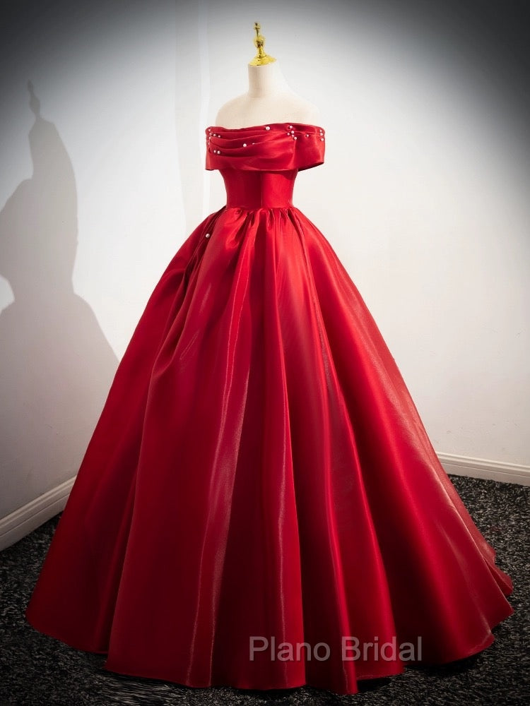 A-Line Off Shoulder Satin Red Long Formal Prom Dresses, Red Long Evening Dresses