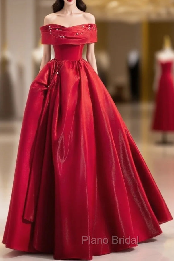 A-Line Off Shoulder Satin Red Long Formal Prom Dresses, Red Long Evening Dresses
