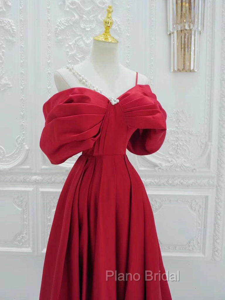 A-Line Off Shoulder Satin Red Long Formal Prom Dresses, Red Long Formal Dresses