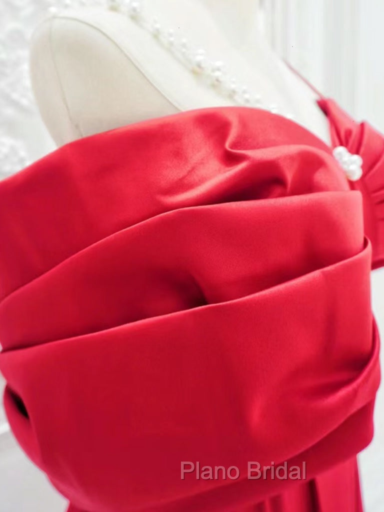 A-Line Off Shoulder Satin Red Long Formal Prom Dresses, Red Long Formal Dresses