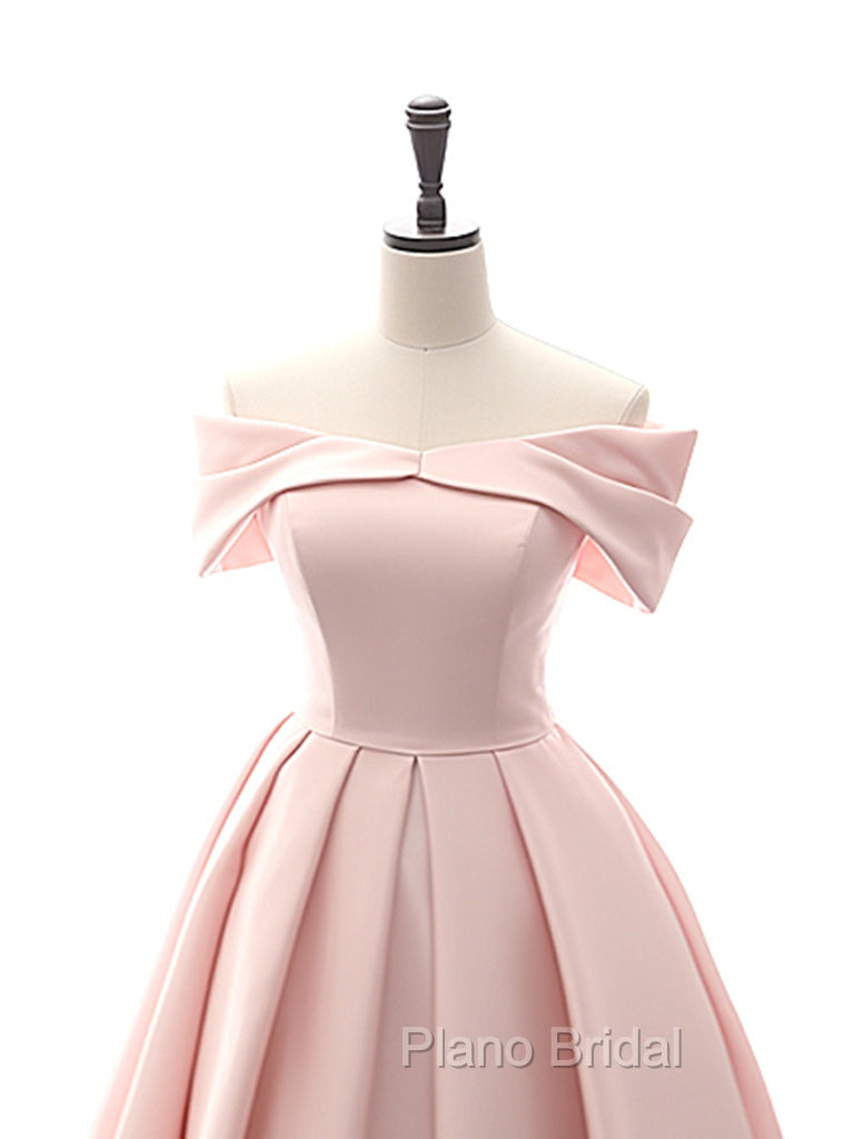 A-Line Off Shoulder Satin Tea Length Pink Formal Prom Dresses, Pink Formal Dresses Secondary image