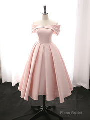 A-Line Off Shoulder Satin Tea Length Pink Prom Dress, Pink Formal Dress