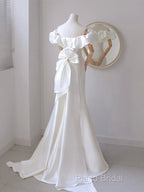 A-Line Off Shoulder Satin White Long Formal Prom Dresses, White Long Party Dresses